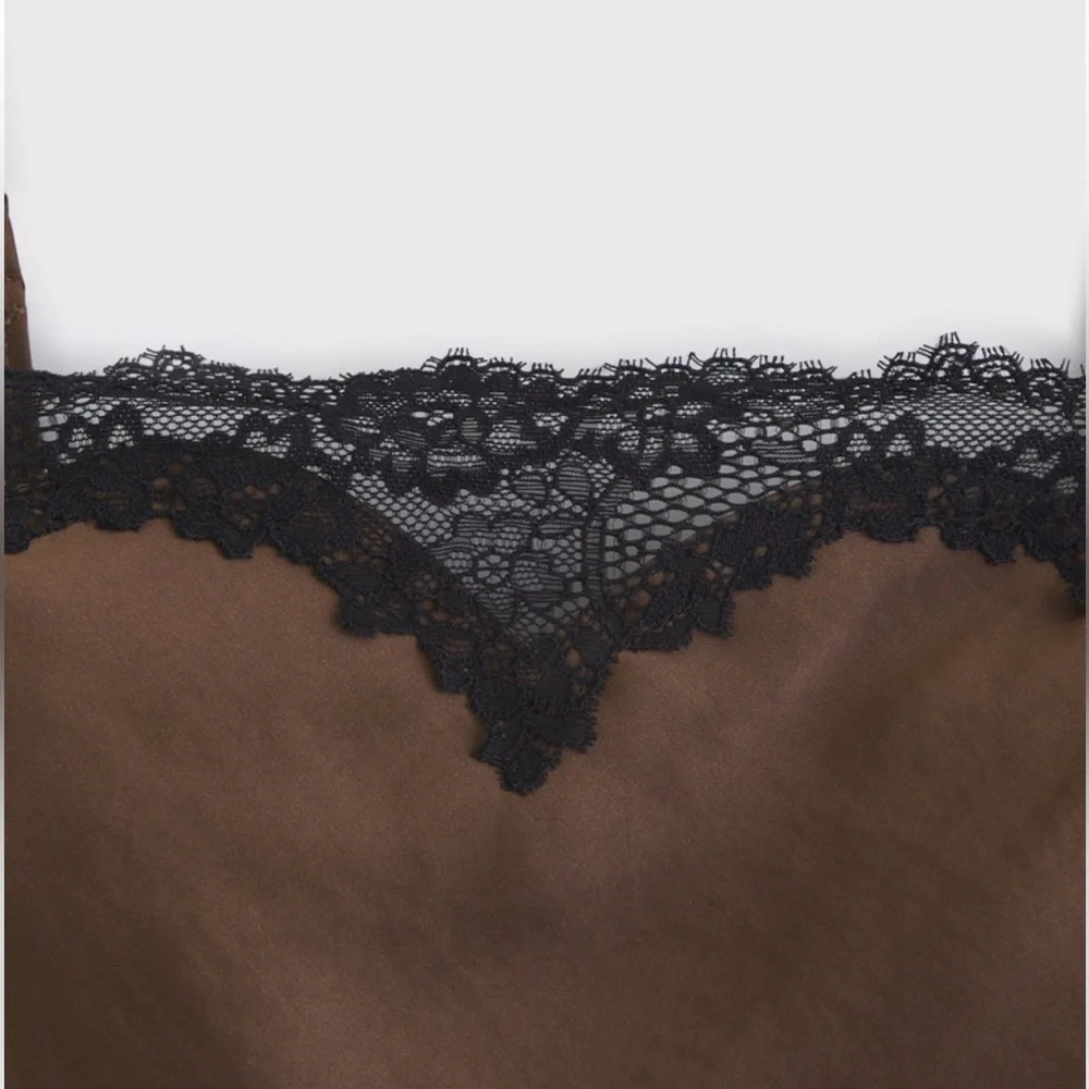 Abercrombie & Fitch Dark Brown Satin Black Lace Trim Slip Mini Dress NWT - Picture 2 of 12